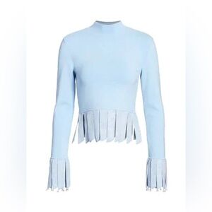 STAUD JOPLIN FRINGE & FAUX PEARL TRIM SWEATER IN ICE BLUE. XS NEW WITH TAGS!!